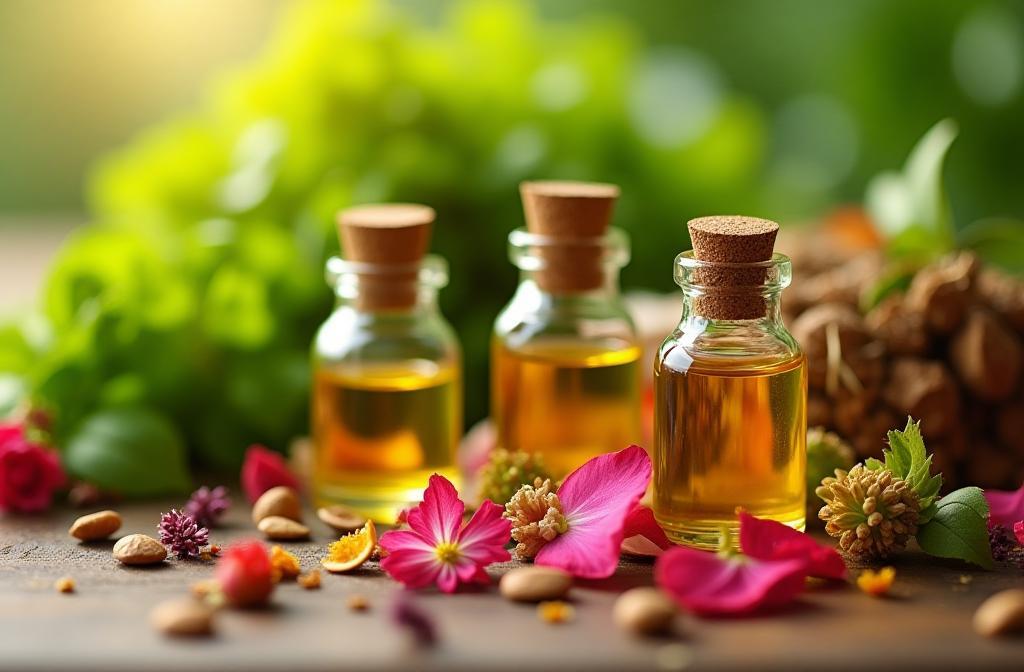 Close-up of vibrant natural ingredients like herbs, oils, and flower petals arranged beautifully