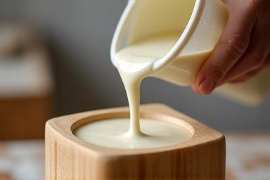 Detailed shot of a person pouring liquid soap batter into a wooden mold during the handcrafted production phase