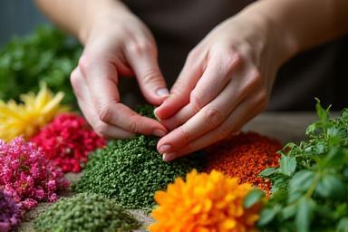 Close-up of hands carefully sorting a variety of natural herbs and vibrant flowers for cosmetics