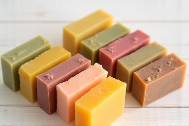 A visually appealing collection of colorful, artisanal handmade soap bars displayed neatly