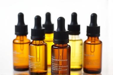 Several small, amber glass bottles filled with different natural hair and facial oils, labelled